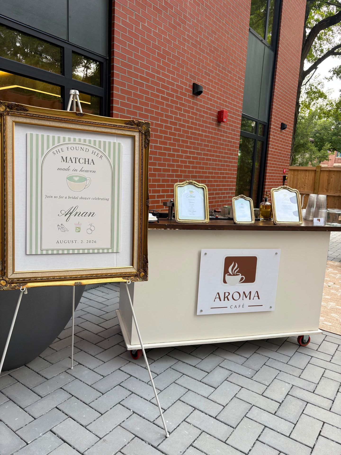 Matcha bridal shower signage beside the Aroma Café cart